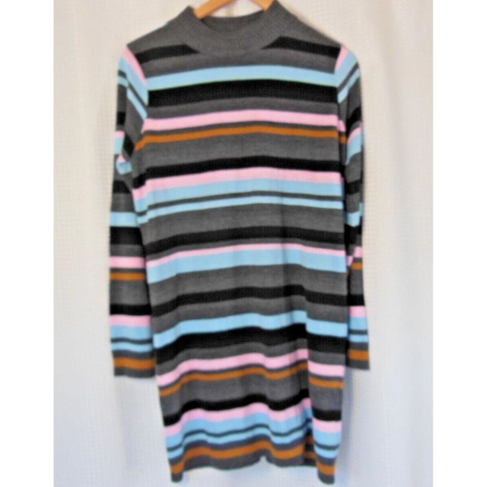 Cotton Emporium Women's Dress Gray Pink Blue Striped MockNeck Sweater Dress sz M